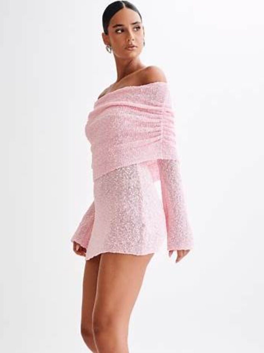 MESHKI Marisol Baby Pink Off Shoulder Boucle Mini Dress XL NWT - Picture 3 of 7